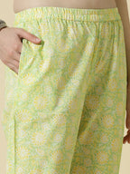 Yufta Green Pure Cotton Floral PrintThreadWork Kurta Dupatta Pant Set