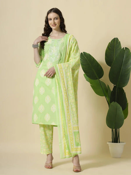 Yufta Green Pure Cotton Floral PrintThreadWork Kurta Dupatta Pant Set
