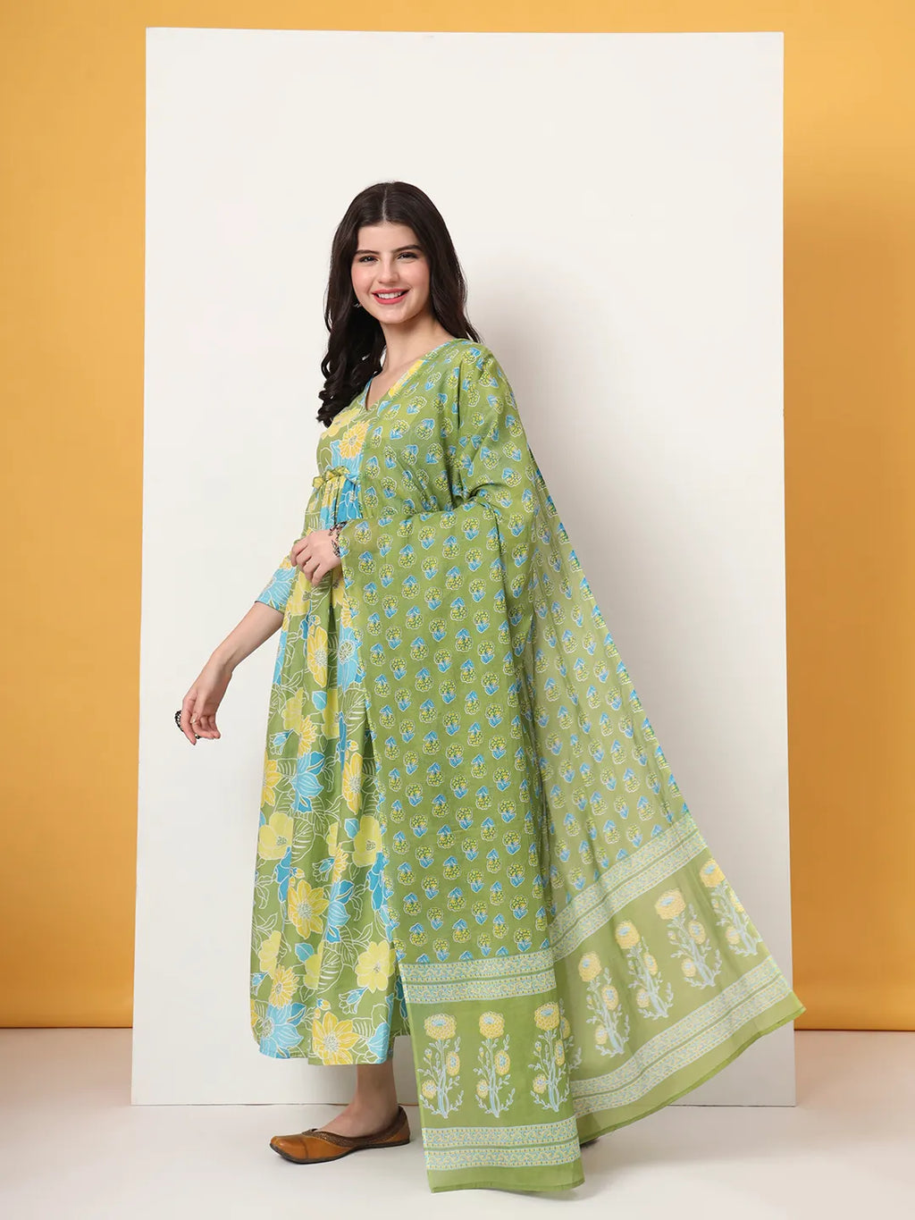 Yufta Green Pure Cotton Maternity Anarkali Kurta Trouser Dupatta Set