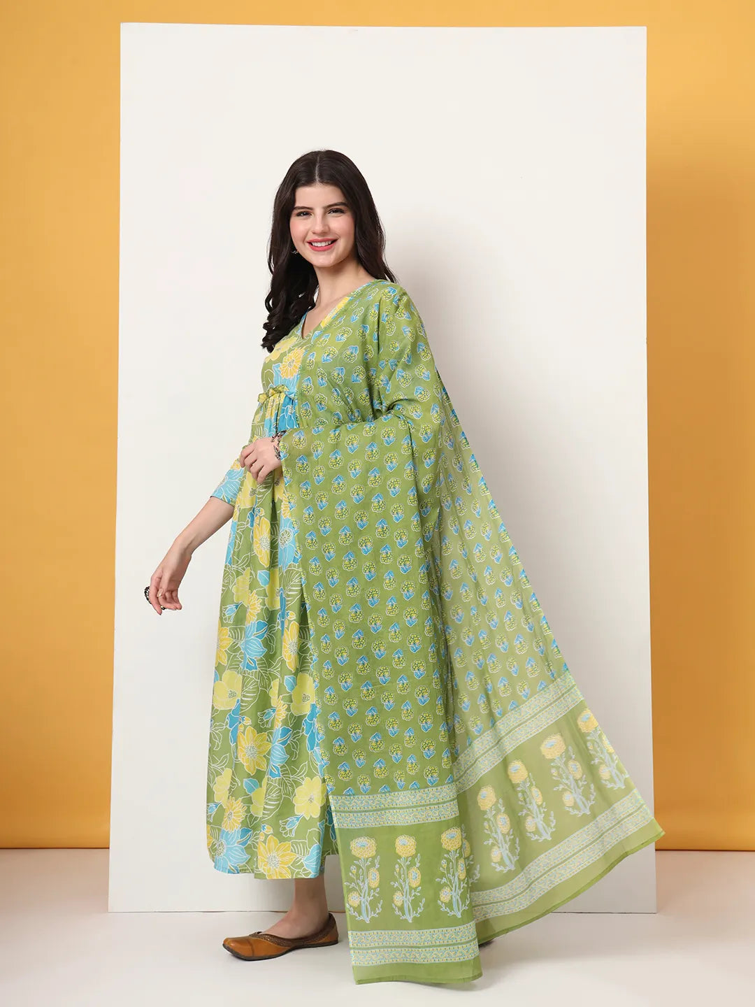 Yufta Green Pure Cotton Maternity Anarkali Kurta Trouser Dupatta Set