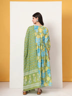 Yufta Green Pure Cotton Maternity Anarkali Kurta Trouser Dupatta Set
