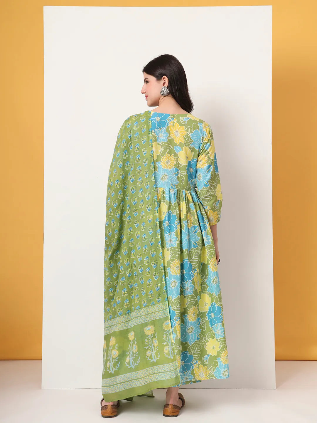 Yufta Green Pure Cotton Maternity Anarkali Kurta Trouser Dupatta Set