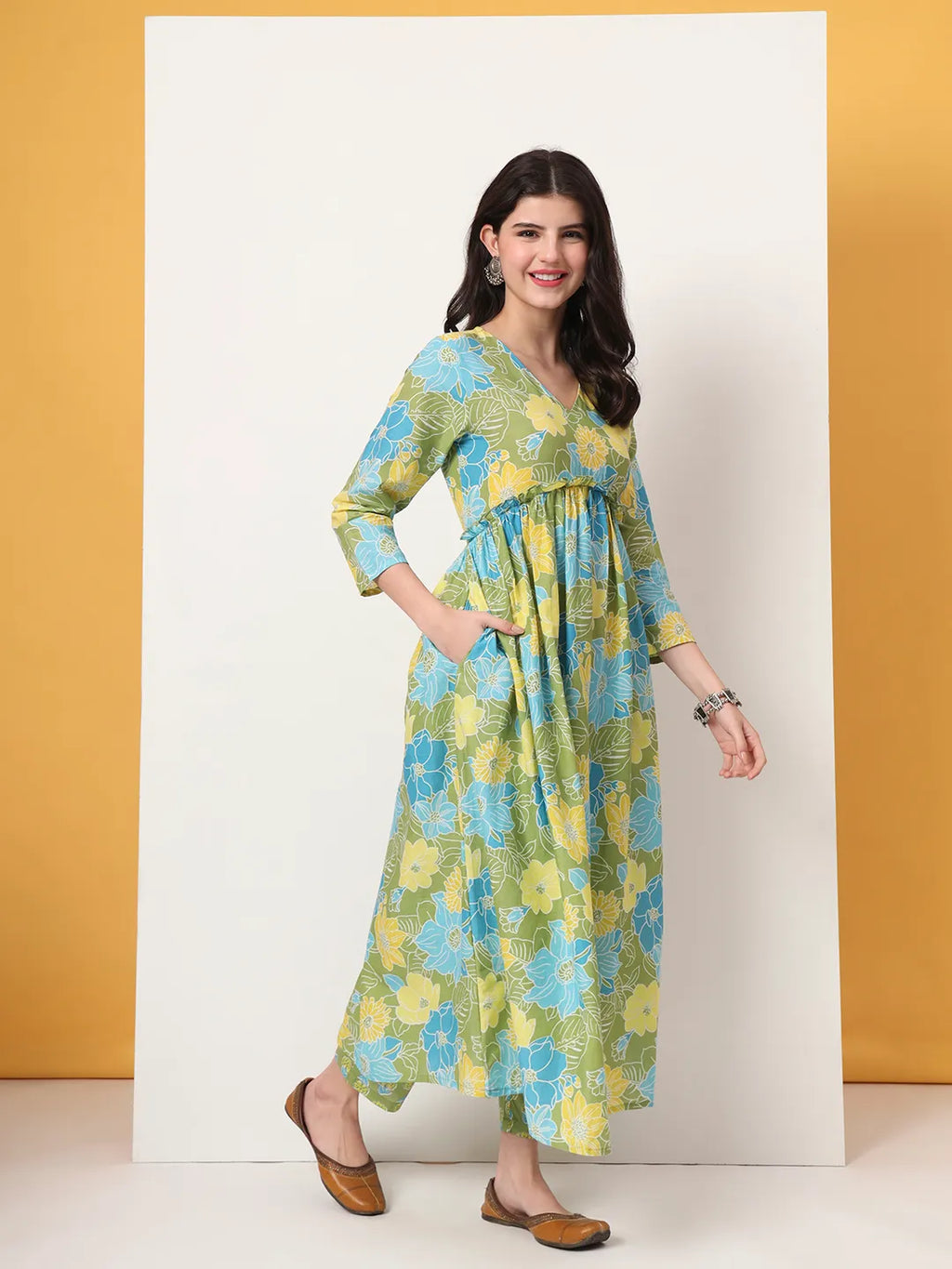 Yufta Green Pure Cotton Maternity Anarkali Kurta Trouser Dupatta Set