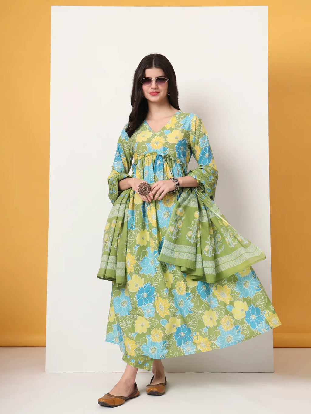 Yufta Green Pure Cotton Maternity Anarkali Kurta Trouser Dupatta Set