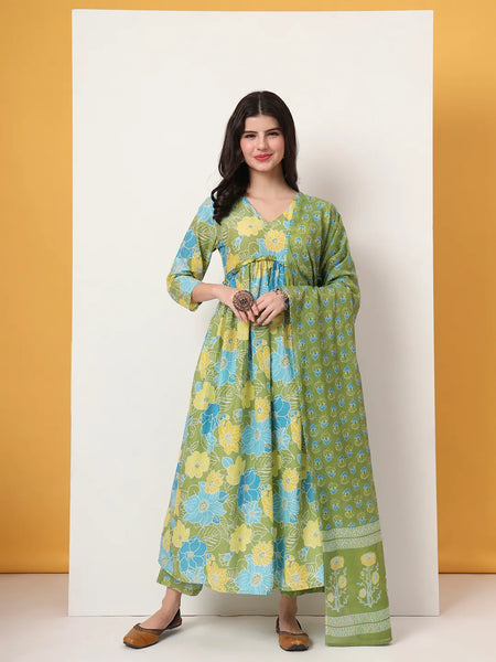 Yufta Green Pure Cotton Maternity Anarkali Kurta Trouser Dupatta Set