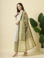 Yufta Green Pure Cotton Paisley Thread Work Kurta Dupatta Pant Set - Distacart