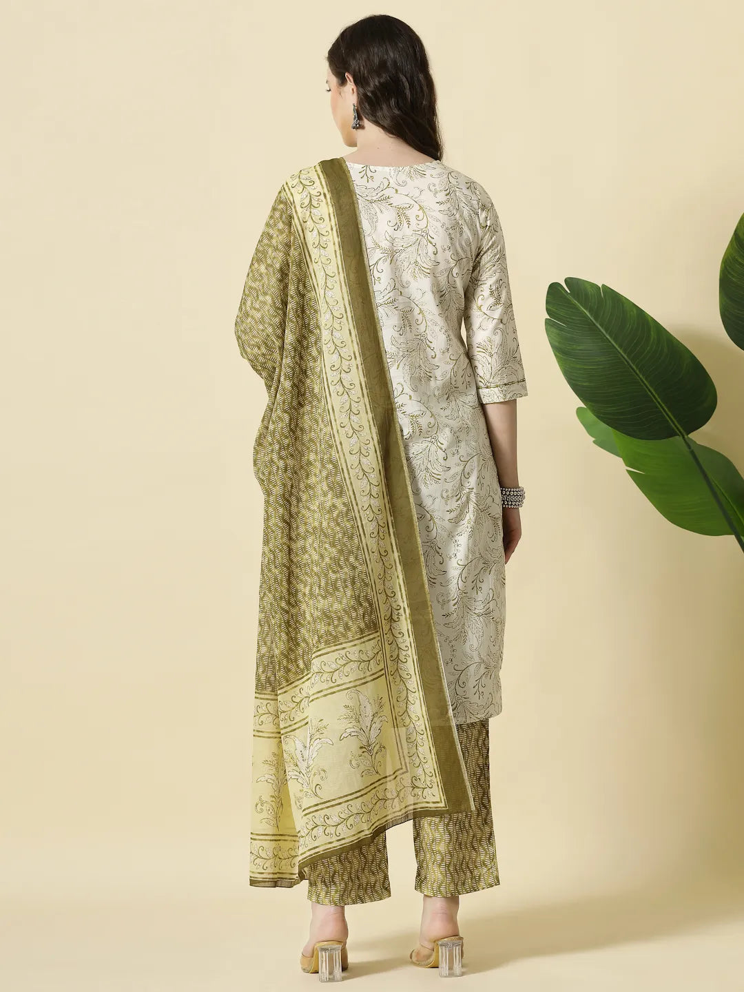 Yufta Green Pure Cotton Paisley Thread Work Kurta Dupatta Pant Set - Distacart