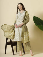 Yufta Green Pure Cotton Paisley Thread Work Kurta Dupatta Pant Set - Distacart