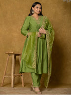 Yufta Green Silk Embroidered Plus Size Kurta Dupatta Set