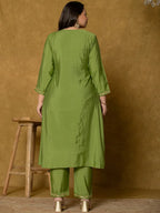 Yufta Green Silk Embroidered Plus Size Kurta Dupatta Set