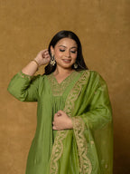 Yufta Green Silk Embroidered Plus Size Kurta Dupatta Set