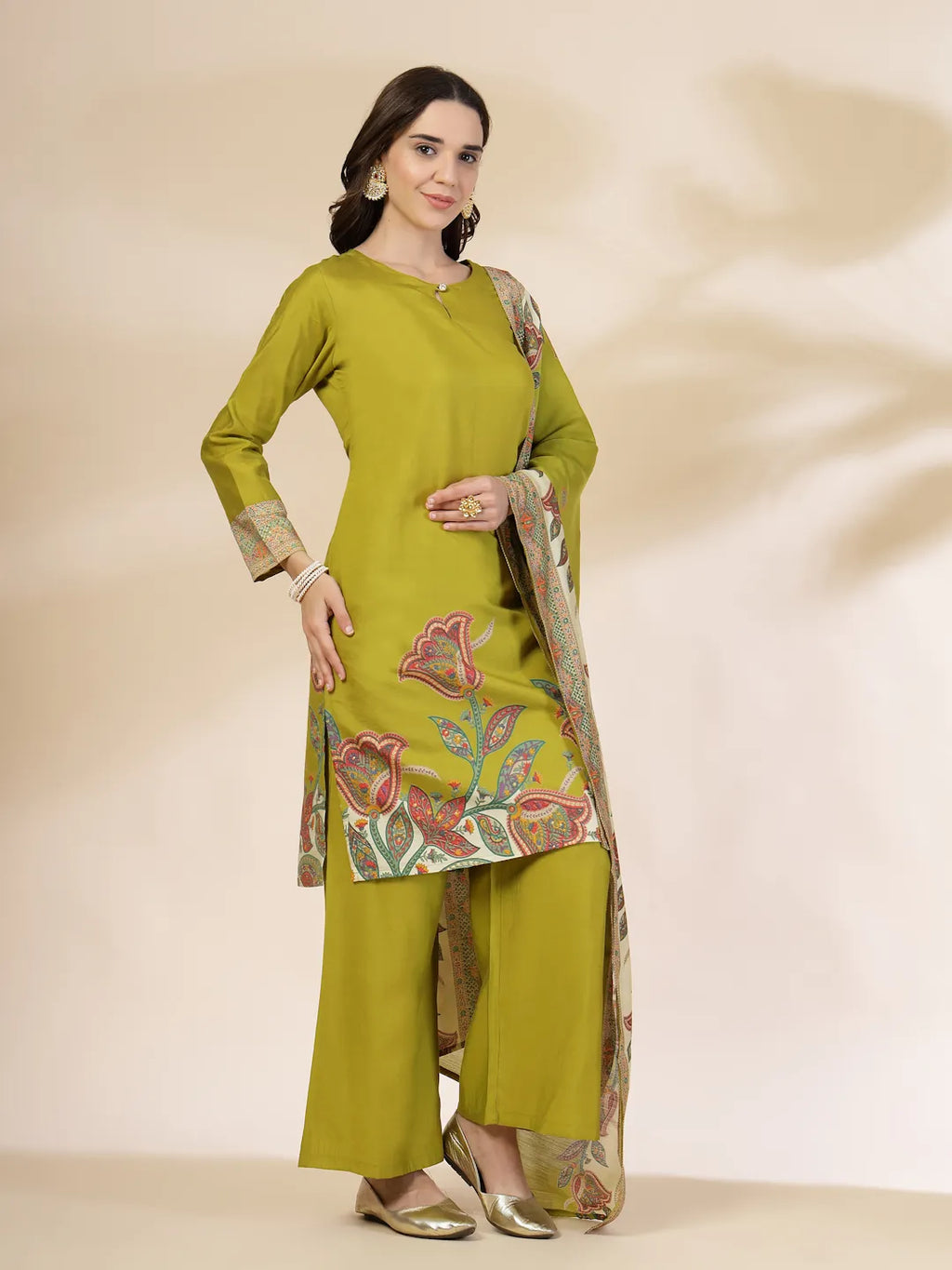 Yufta Green Silk Straight Kurta With Palazzo Dupatta Set - Distacart