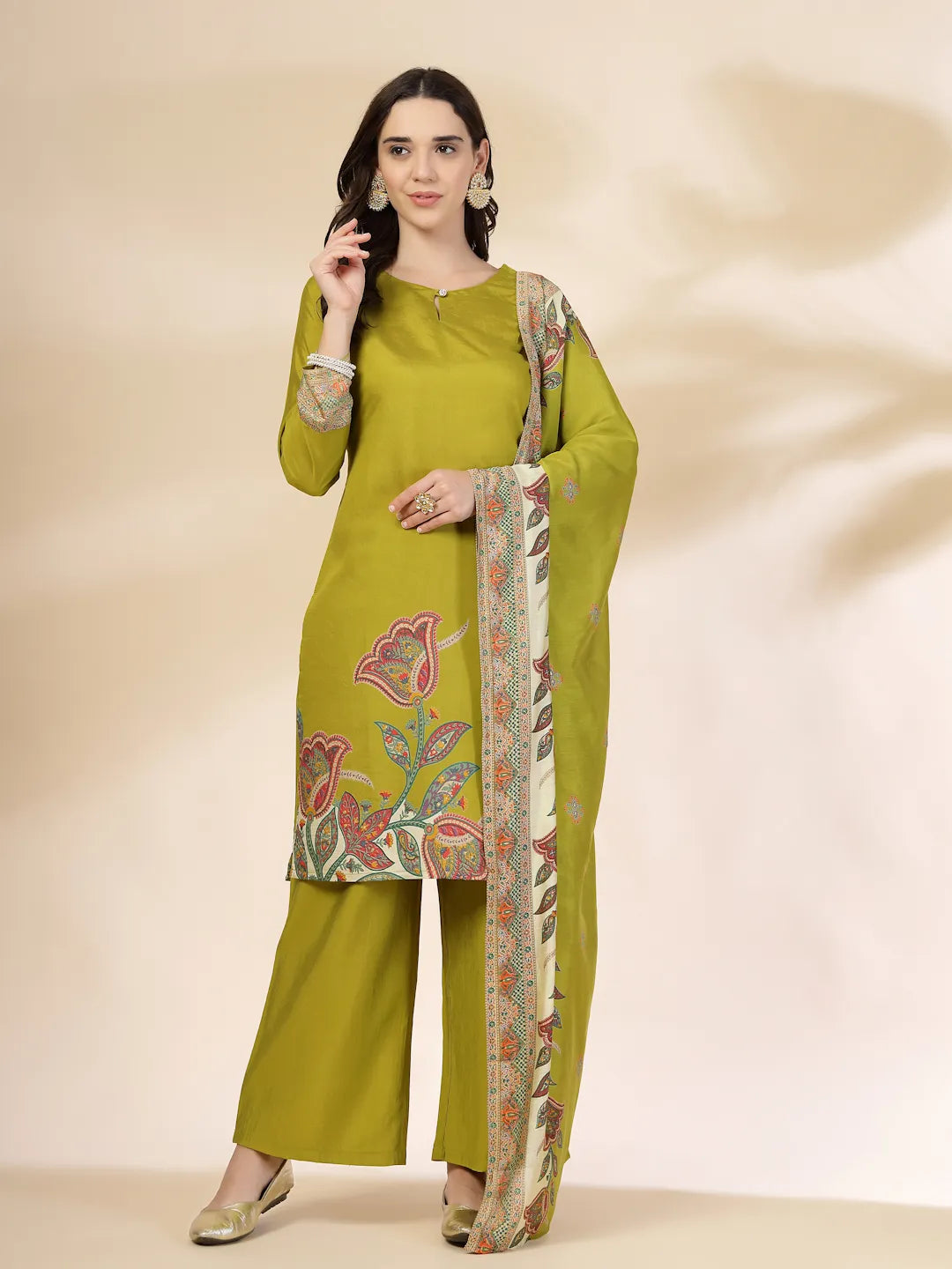 Yufta Green Silk Straight Kurta With Palazzo Dupatta Set - Distacart