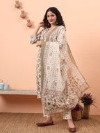 Yufta Green Straight Thared Work Kurta Trouser Dupatta Set - Distacart