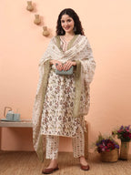 Yufta Green Straight Thared Work Kurta Trouser Dupatta Set - Distacart