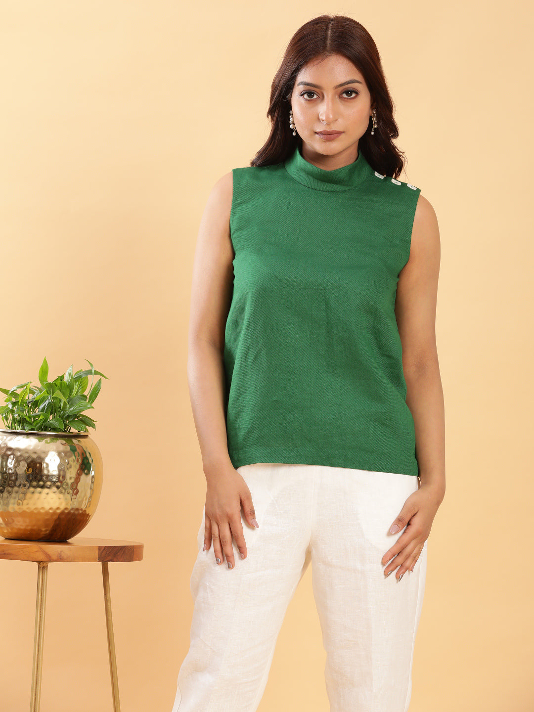 BohoJazz Green Fitted Top with Off-White Trousers Co-ord Set - Distacart