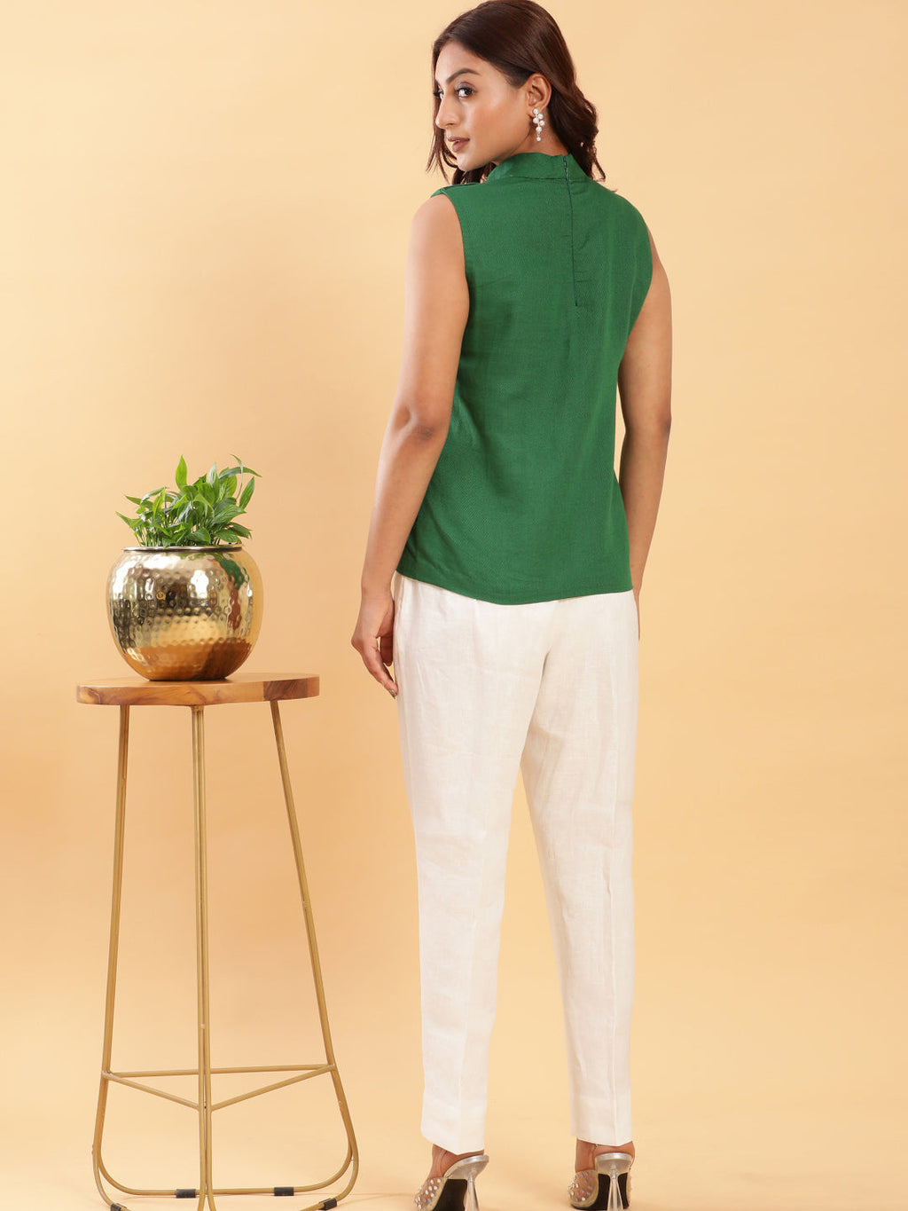 BohoJazz Green Fitted Top with Off-White Trousers Co-ord Set - Distacart