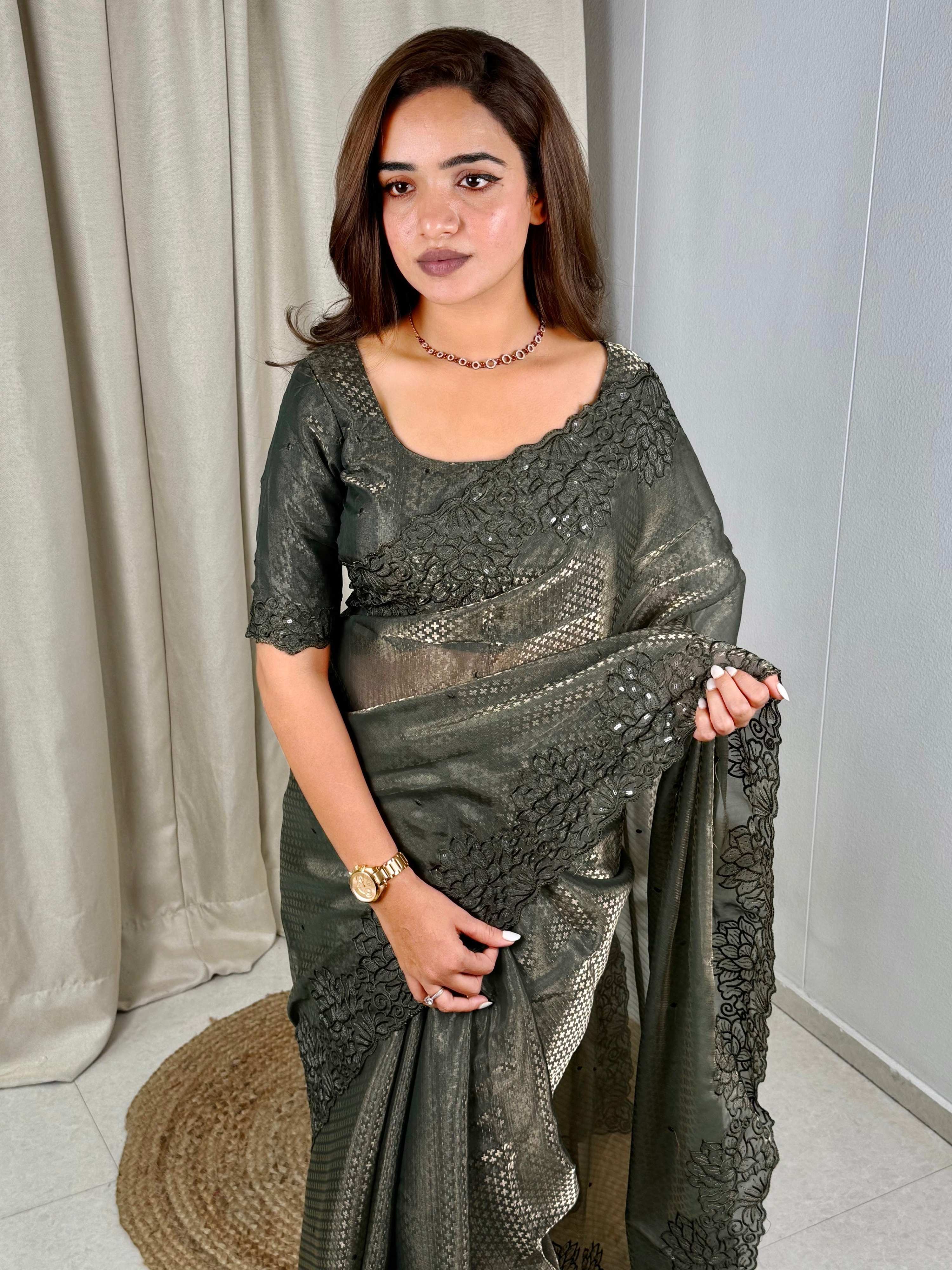 Evanik Green Glass Satin Jecquard Weaving With Thread Sequence Work Saree With Blouse - Distacart