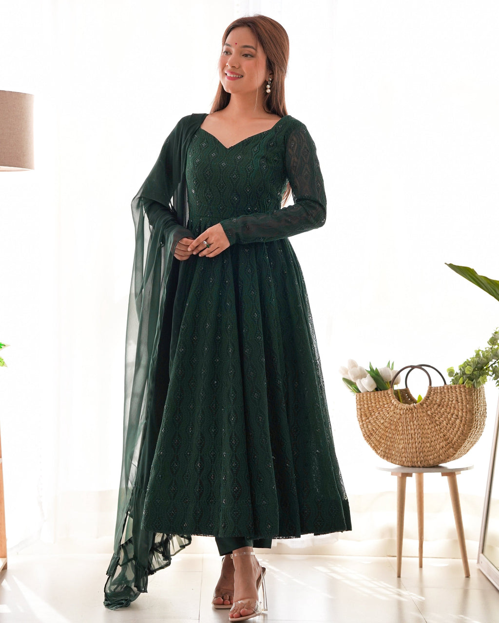 Evanik Green Pure Faux Georgette Lucknowi Sequence Work Anarkali Set - Distacart
