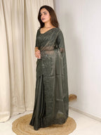 Evanik Green Glass Satin Jecquard Weaving With Thread Sequence Work Saree With Blouse - Distacart