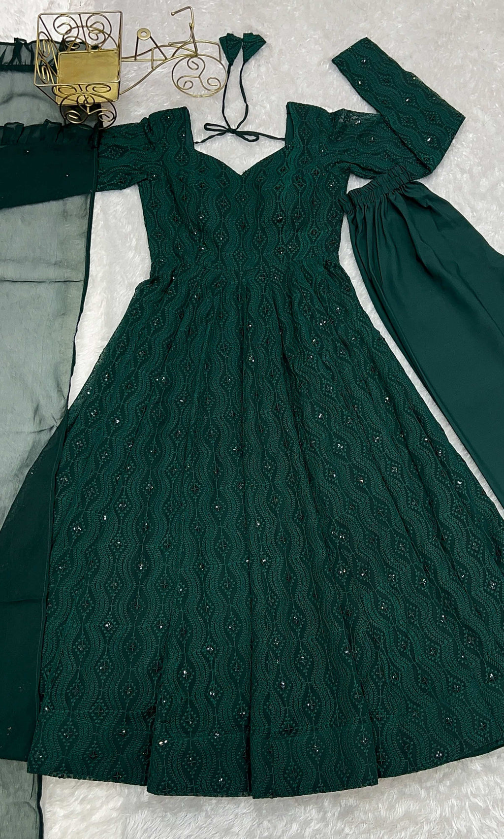 Evanik Green Pure Faux Georgette Lucknowi Sequence Work Anarkali Set - Distacart