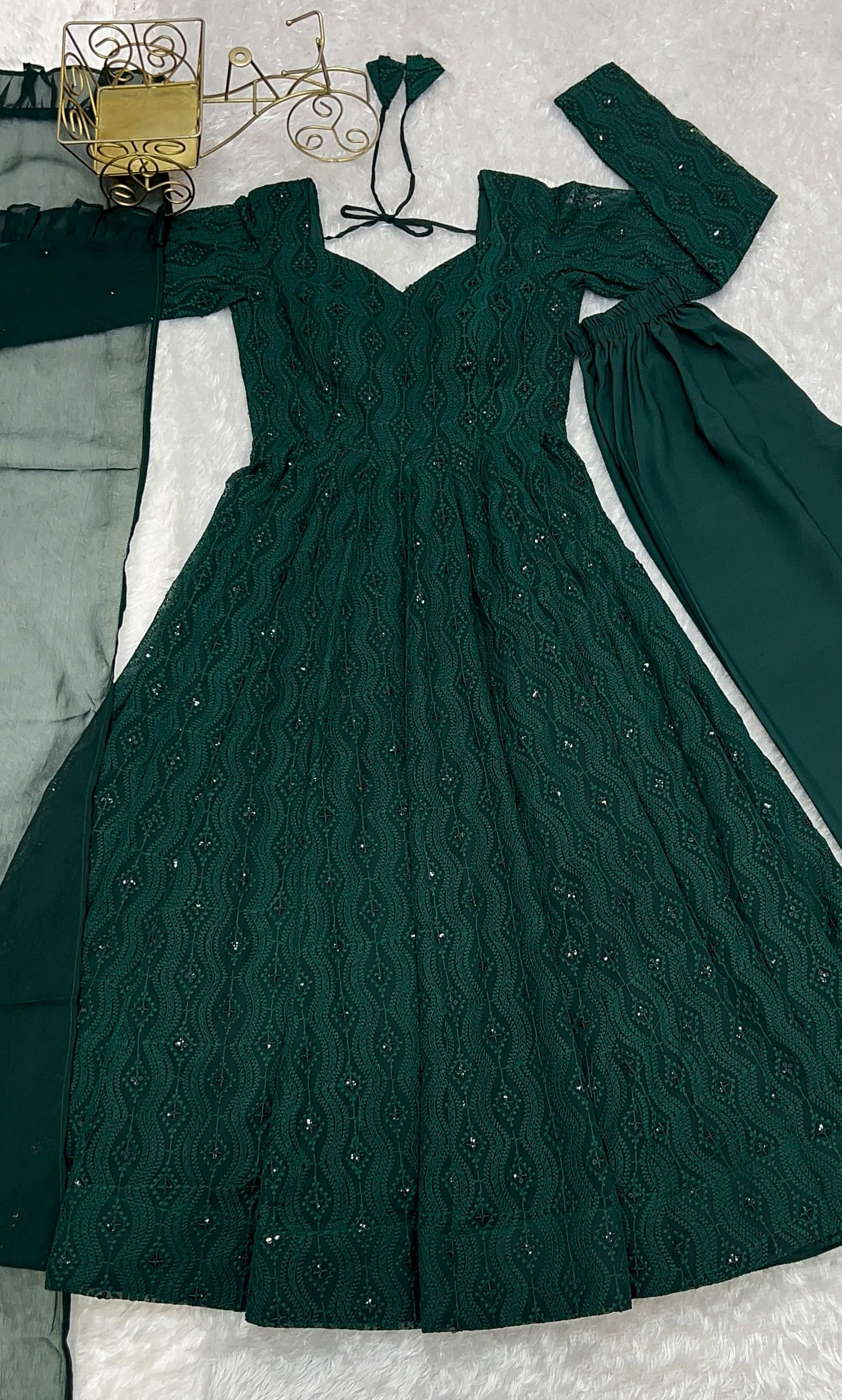 Evanik Green Pure Faux Georgette Lucknowi Sequence Work Anarkali Set - Distacart