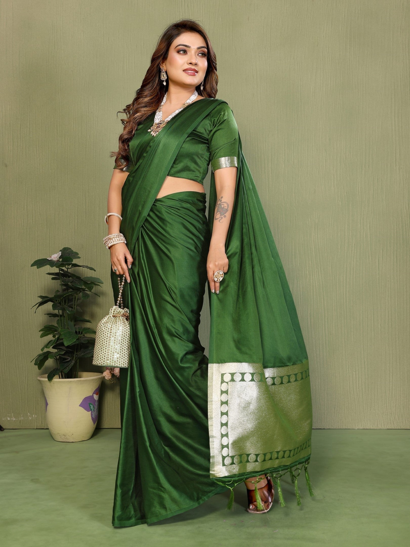 Anaita Green Zari Weaving Work Satin Silk Saree With Blouse - Distacart