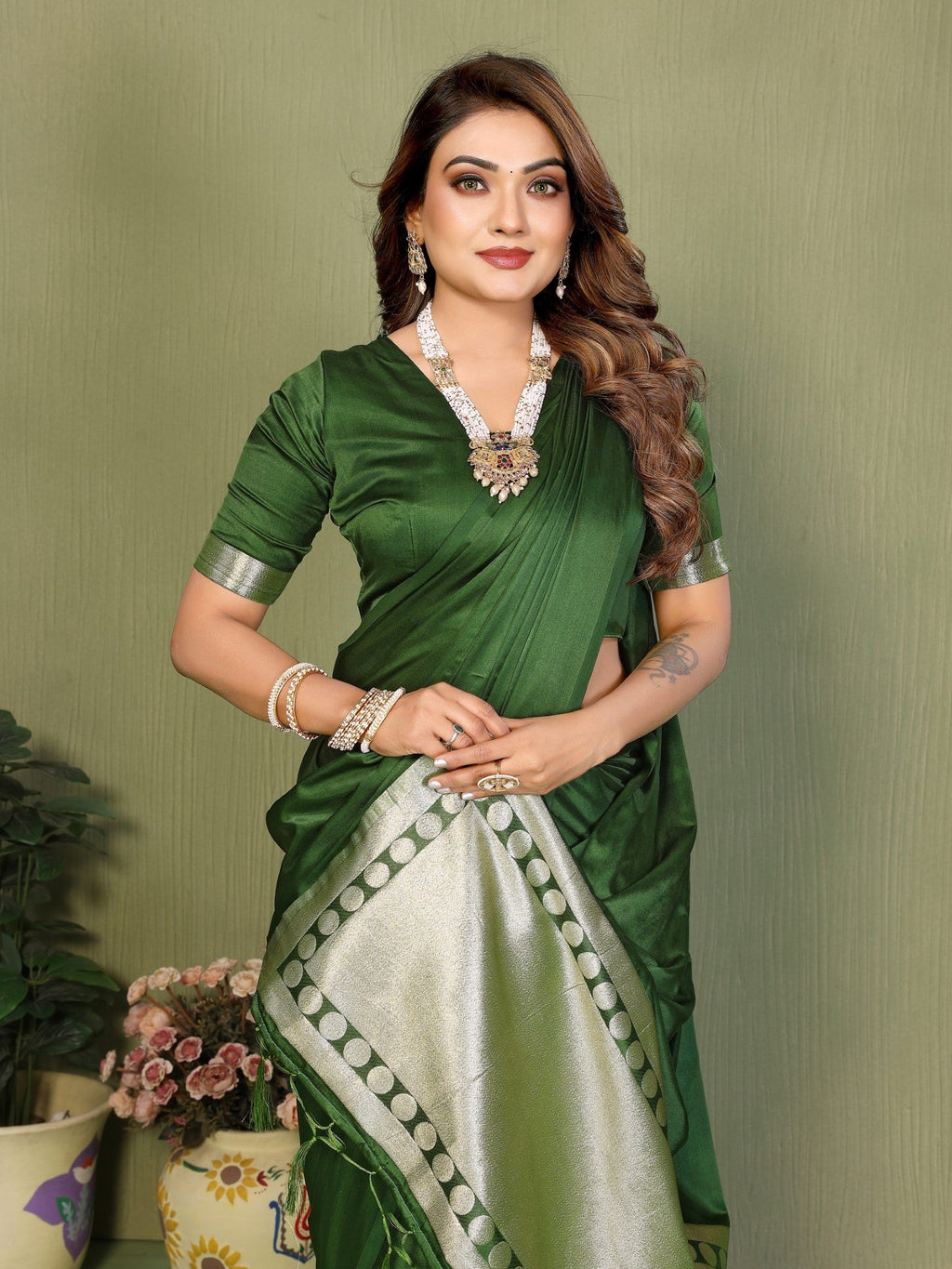 Anaita Green Zari Weaving Work Satin Silk Saree With Blouse - Distacart