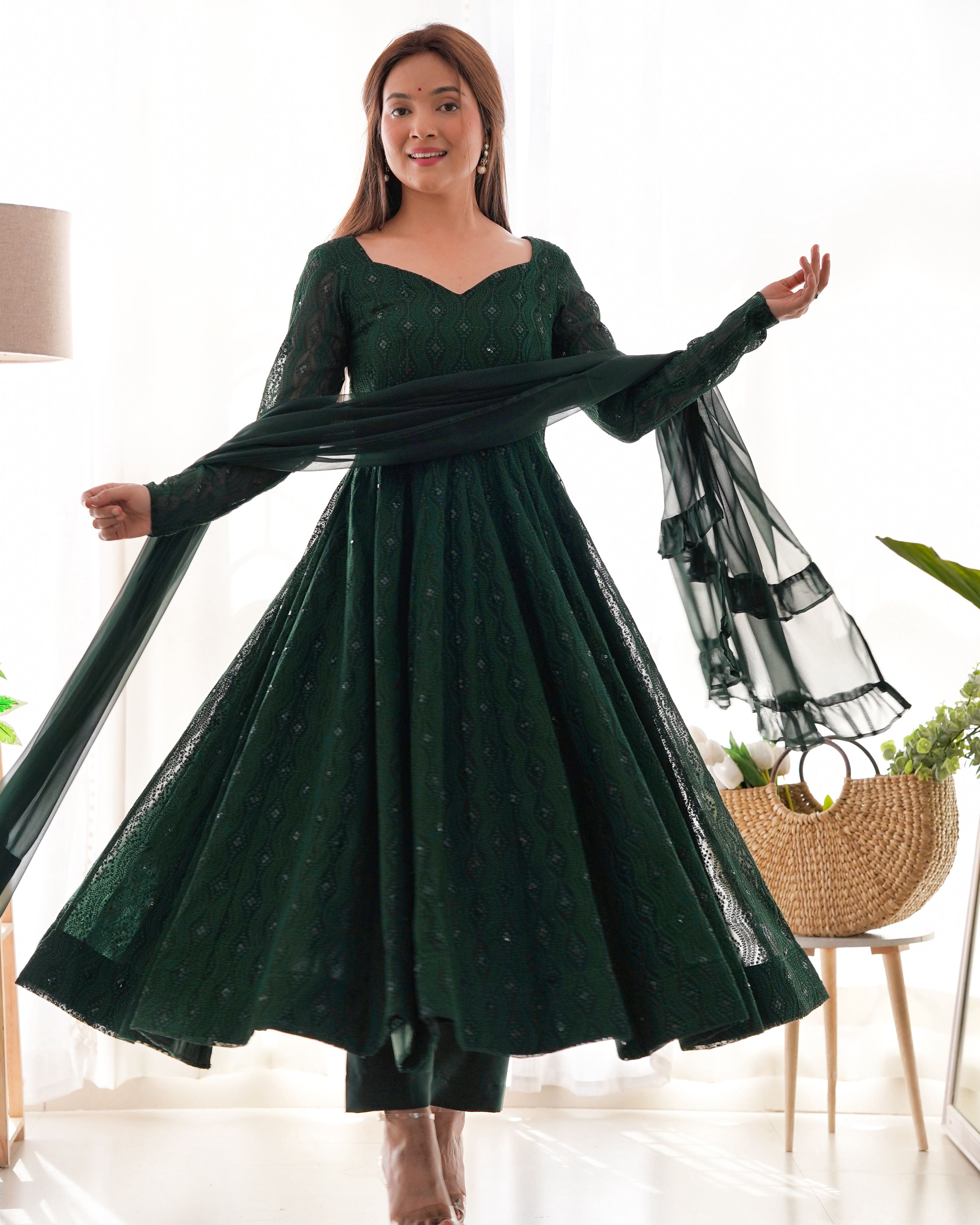 Evanik Green Pure Faux Georgette Lucknowi Sequence Work Anarkali Set - Distacart