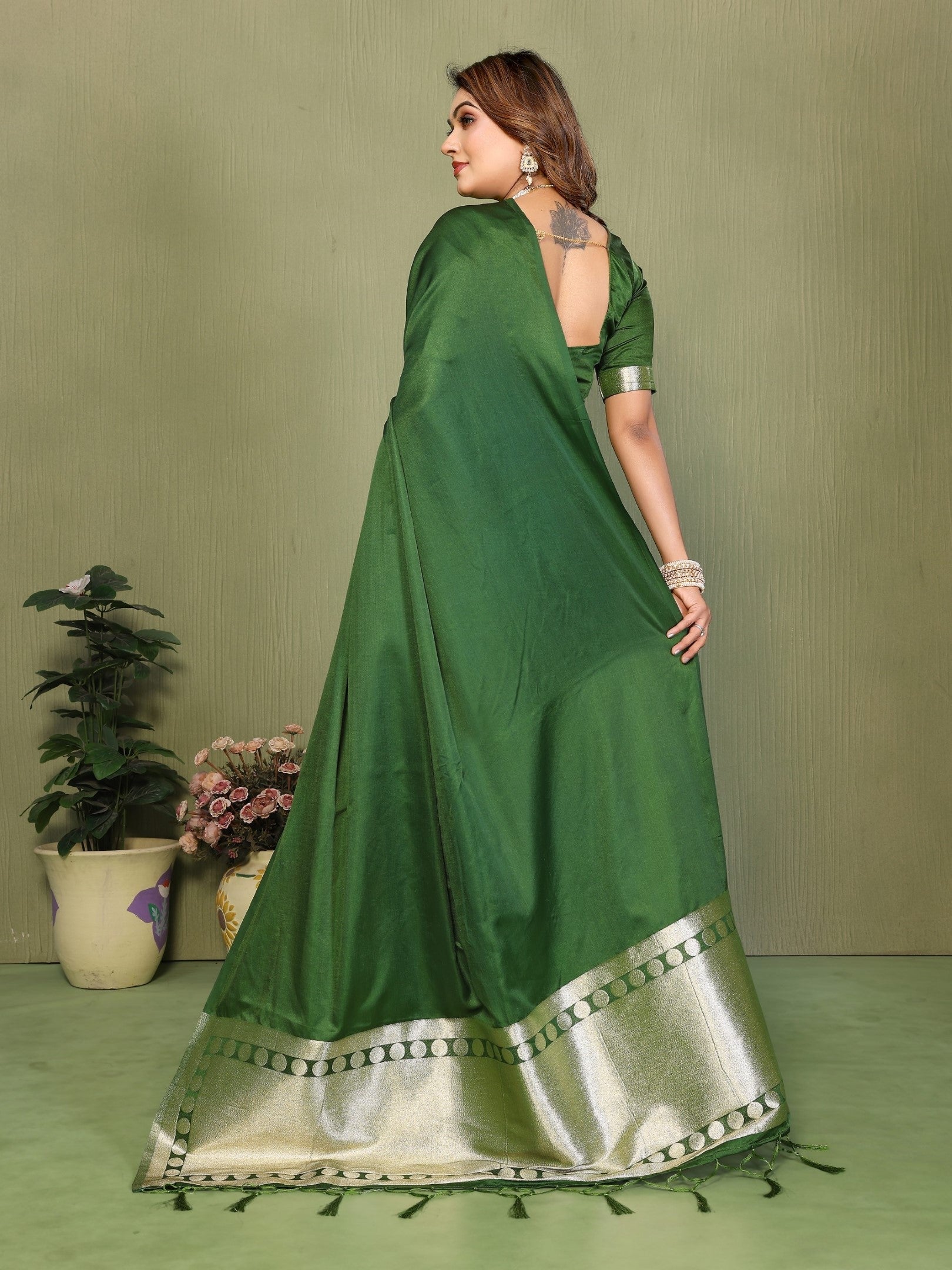Anaita Green Zari Weaving Work Satin Silk Saree With Blouse - Distacart