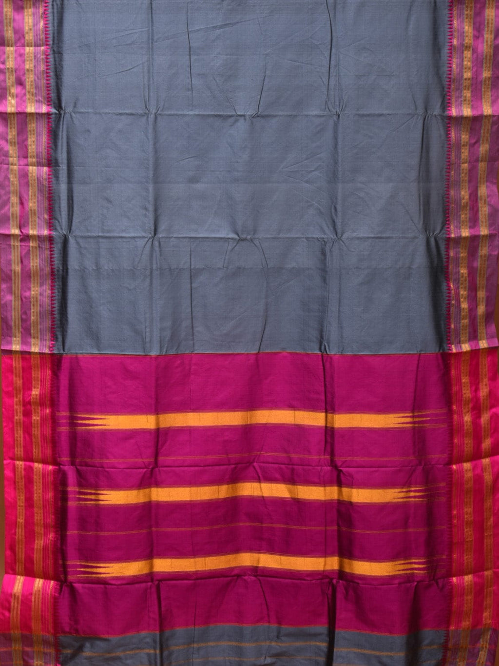 Grey and Pink Narayanpet Silk Handloom Plain Saree with Border Design No Blouse - Global Threads