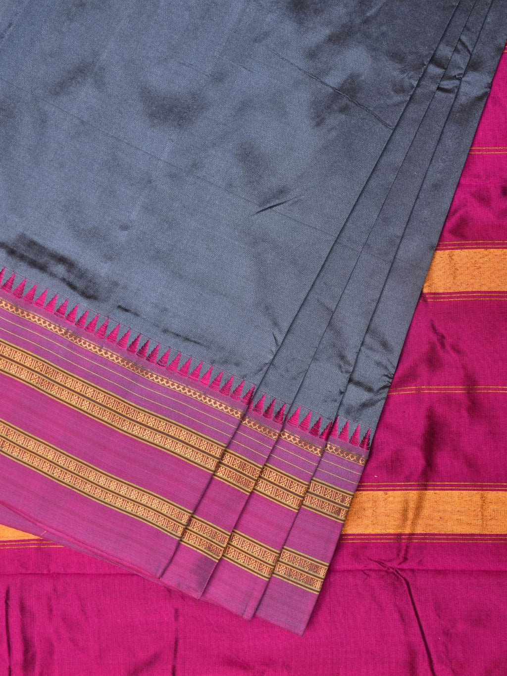 Grey and Pink Narayanpet Silk Handloom Plain Saree with Border Design No Blouse - Global Threads