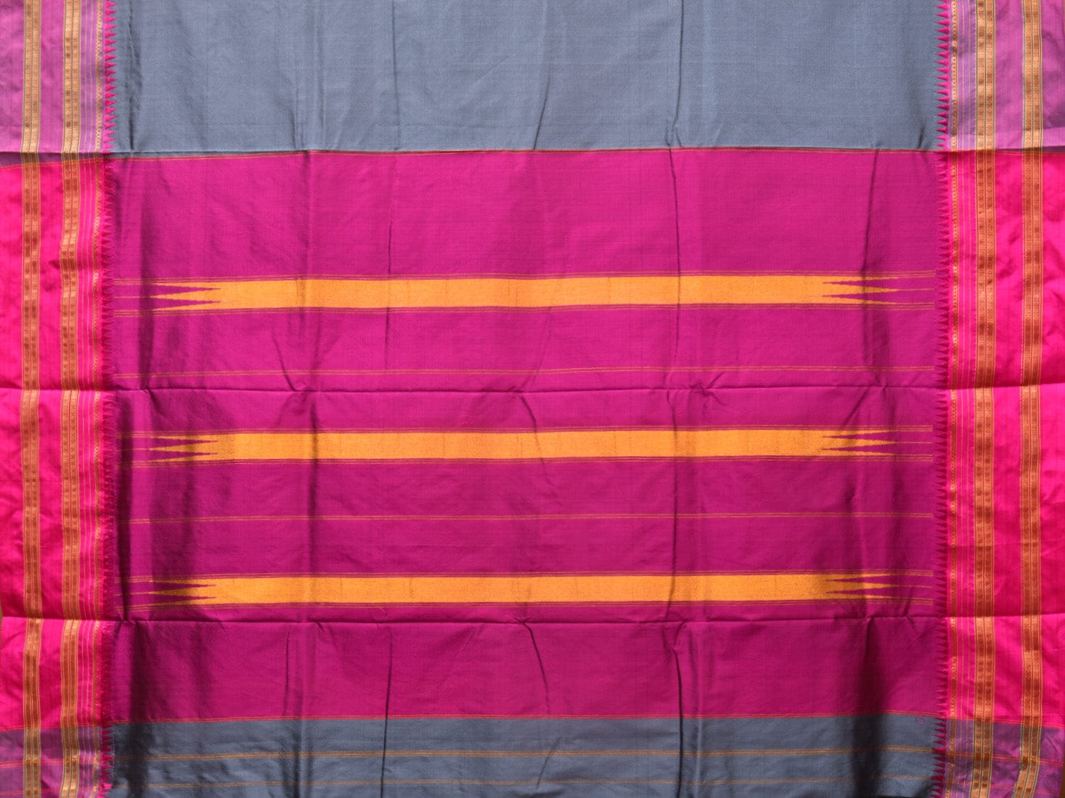 Grey and Pink Narayanpet Silk Handloom Plain Saree with Border Design No Blouse - Global Threads