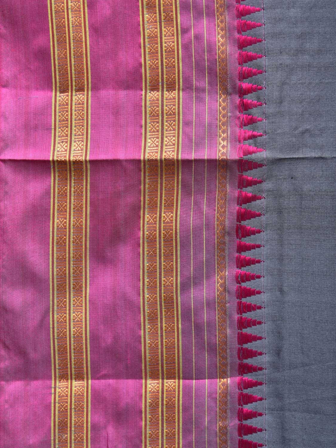 Grey and Pink Narayanpet Silk Handloom Plain Saree with Border Design No Blouse - Global Threads