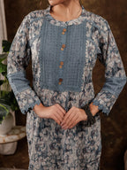 Yufta Grey Cotton Schiffli Kurta Dupatta Set With Lace Detailing