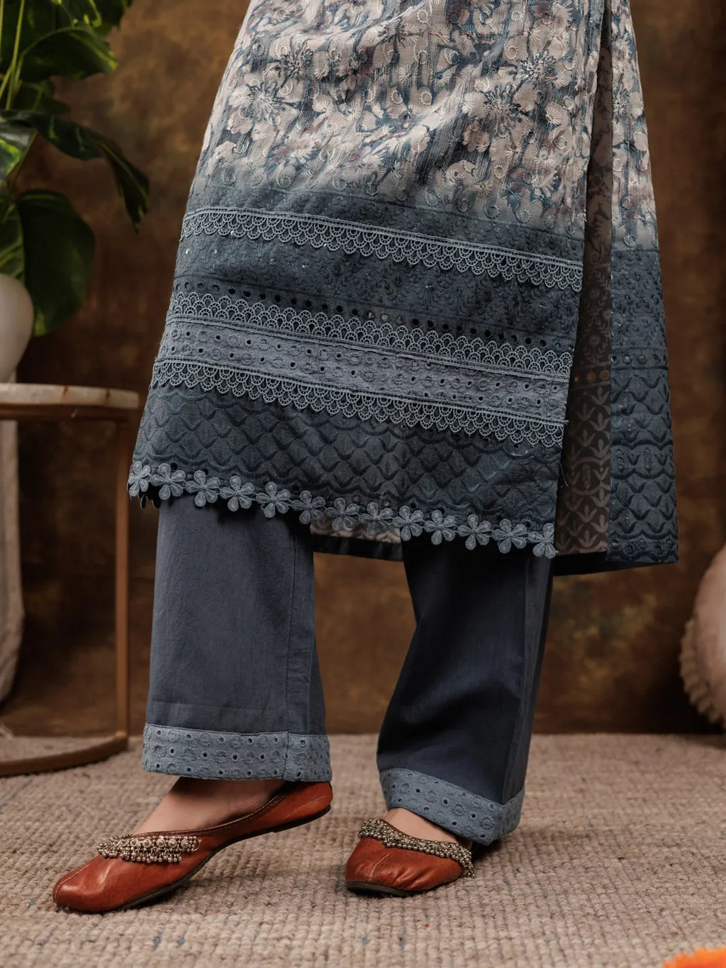 Yufta Grey Cotton Schiffli Kurta Dupatta Set With Lace Detailing