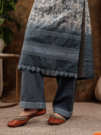 Yufta Grey Cotton Schiffli Kurta Dupatta Set With Lace Detailing