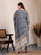 Yufta Grey Cotton Straight Kurta Dupatta Pant Set