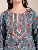 Yufta Grey Cotton Straight Kurta Dupatta Pant Set