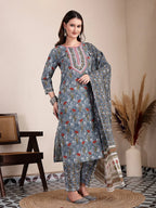 Yufta Grey Cotton Straight Kurta Dupatta Pant Set