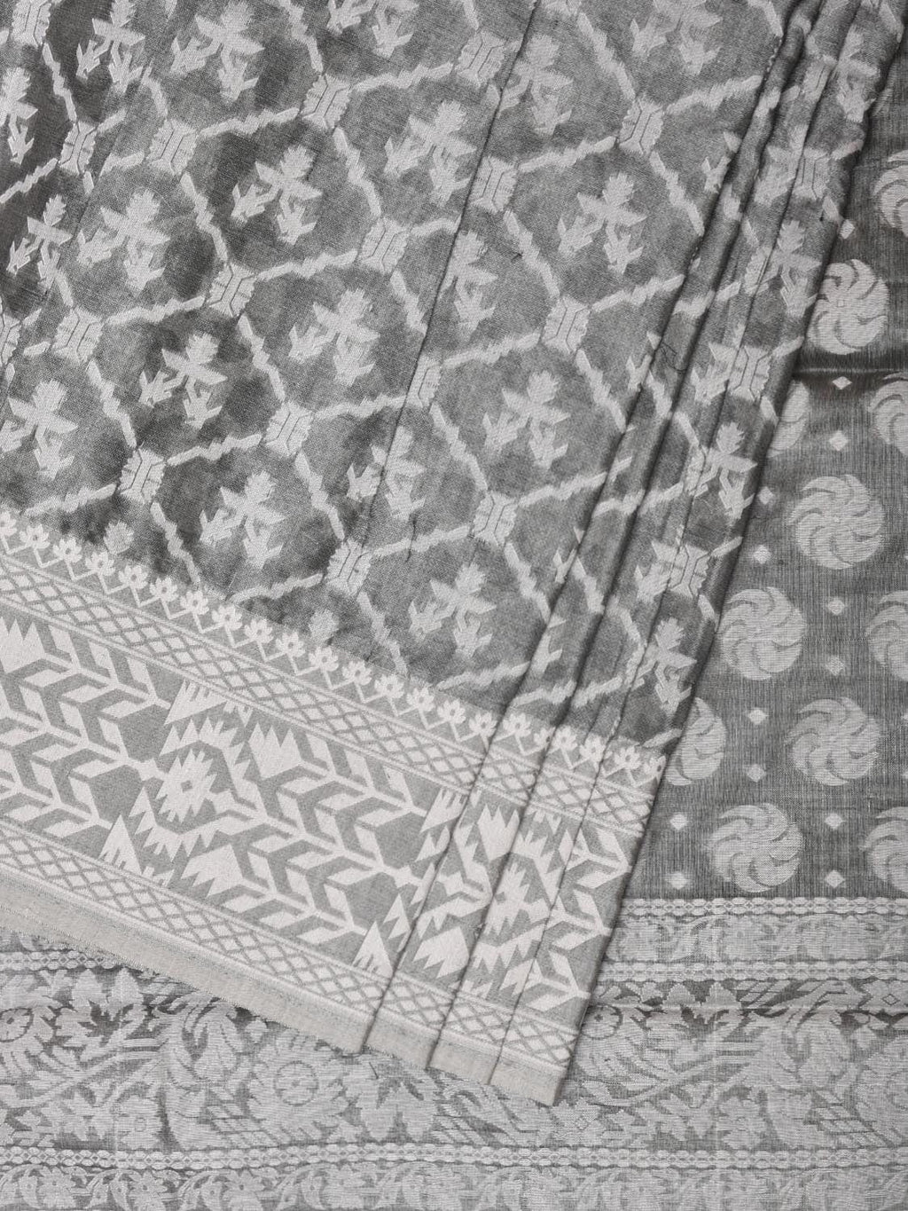 Grey Cut Work Tussar Cotton Saree with All Over Jamdani Style Design - Global Threads