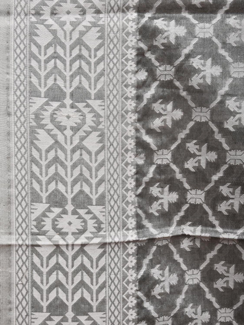Grey Cut Work Tussar Cotton Saree with All Over Jamdani Style Design - Global Threads