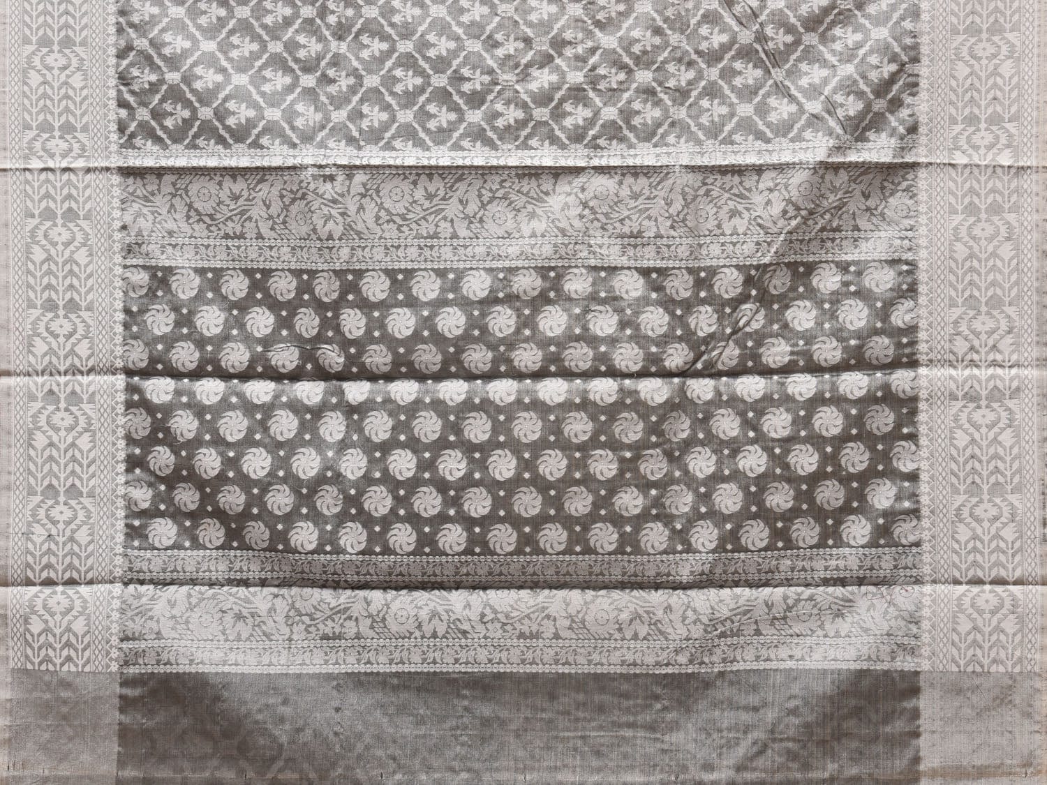 Grey Cut Work Tussar Cotton Saree with All Over Jamdani Style Design - Global Threads