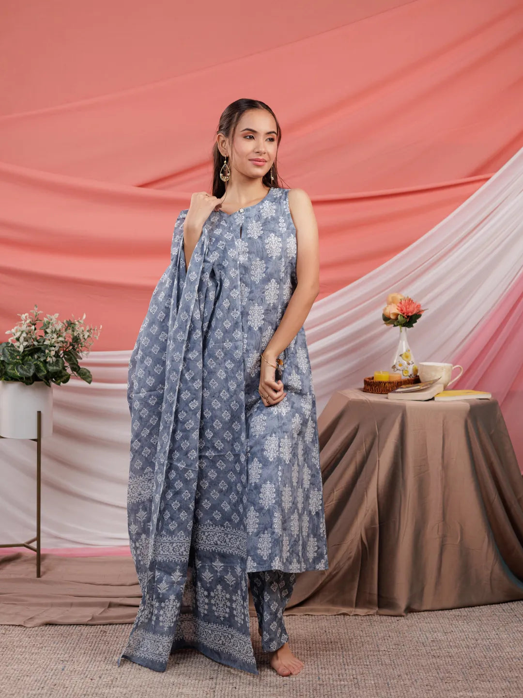Yufta Grey Ethnic Motifs Cotton A-Line Kurta Trouser & Dupatta Set