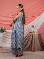 Yufta Grey Ethnic Motifs Cotton A-Line Kurta Trouser & Dupatta Set
