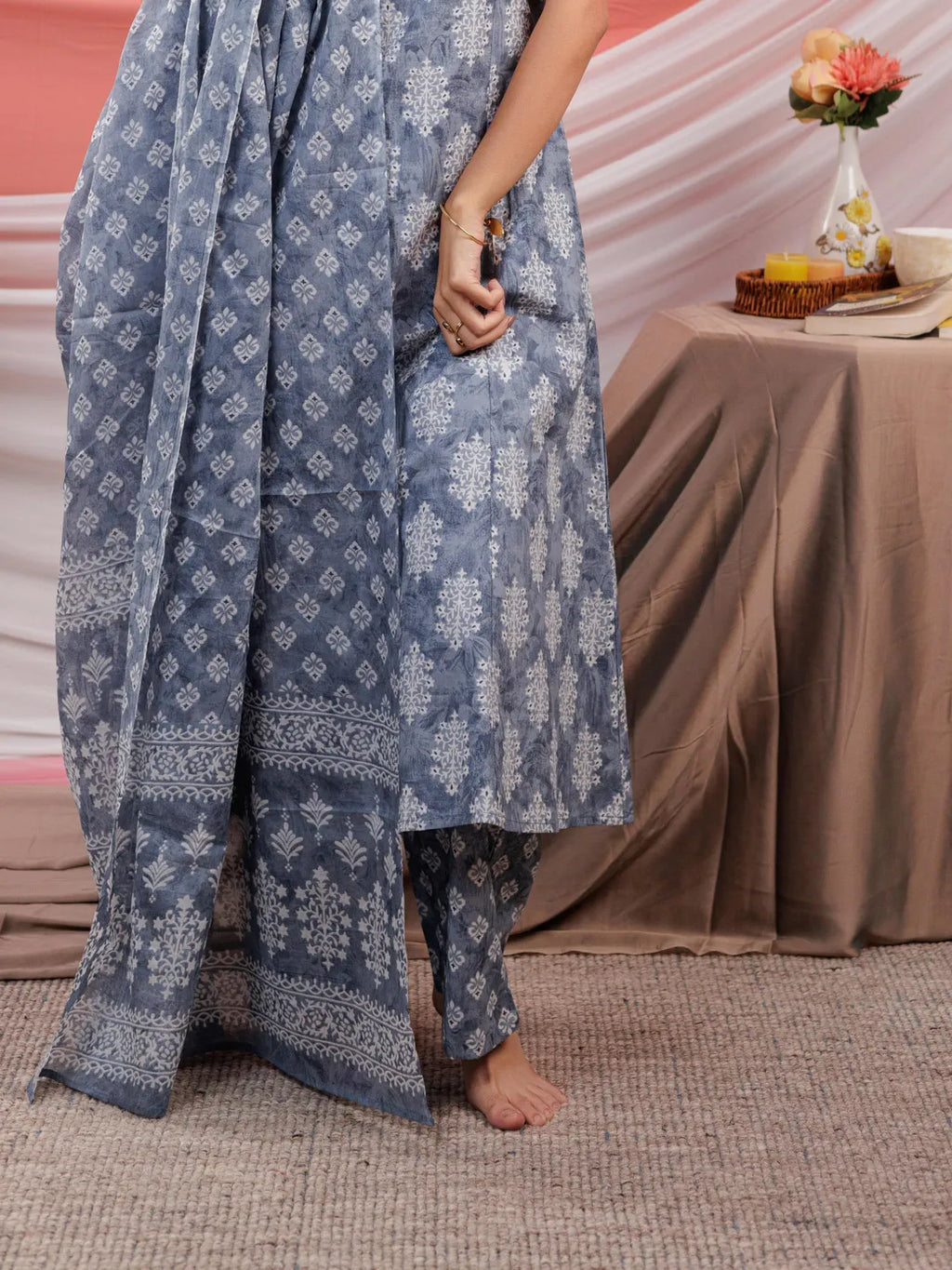 Yufta Grey Ethnic Motifs Cotton A-Line Kurta Trouser & Dupatta Set