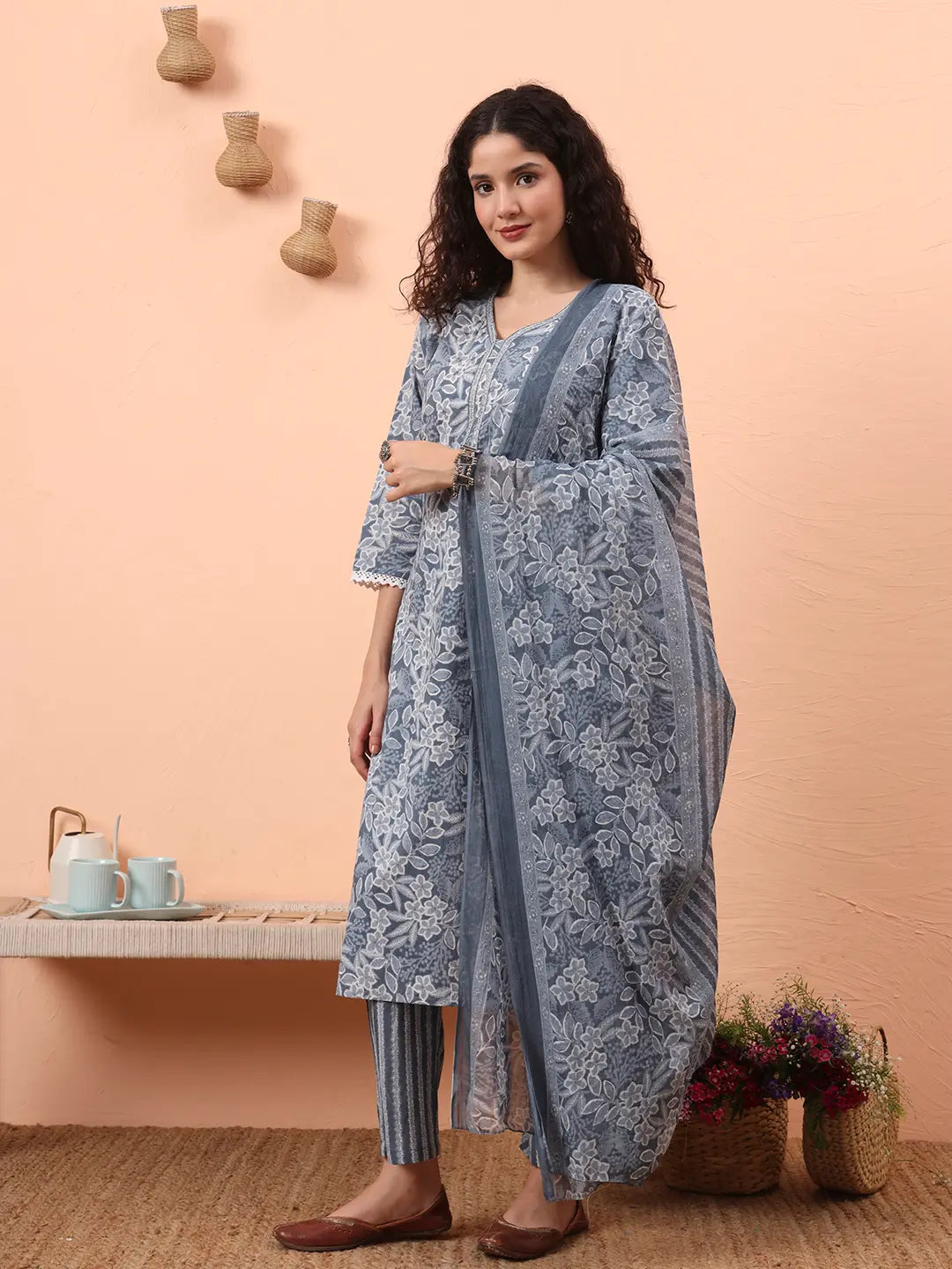Yufta Grey Ethnic Motifs Pure Cotton Straight Kurta Pant Set