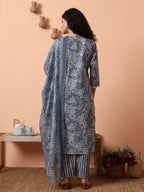 Yufta Grey Ethnic Motifs Pure Cotton Straight Kurta Pant Set