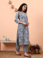 Yufta Grey Ethnic Motifs Pure Cotton Straight Kurta Pant Set
