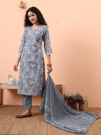 Yufta Grey Ethnic Motifs Pure Cotton Straight Kurta Pant Set